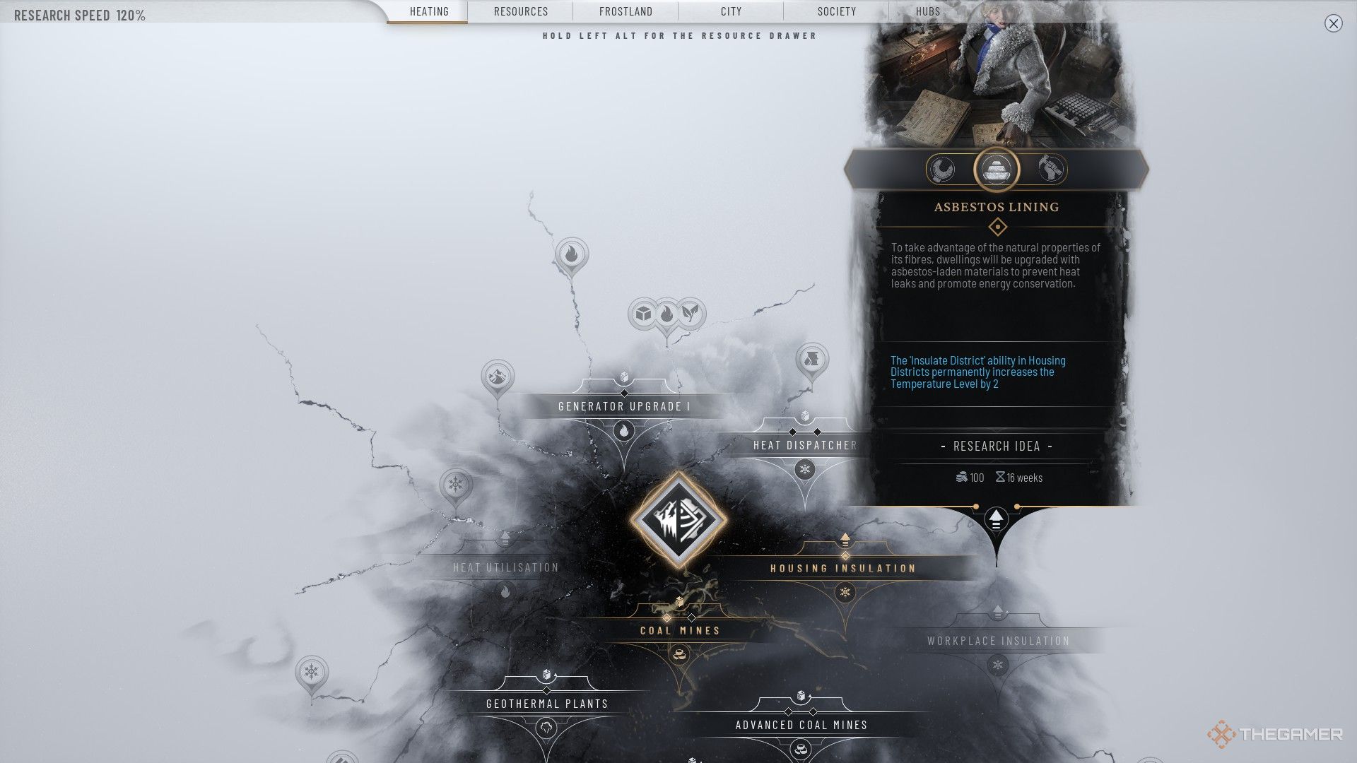 Player researches the Asbestos Lining upgrade in Frostpunk 2.