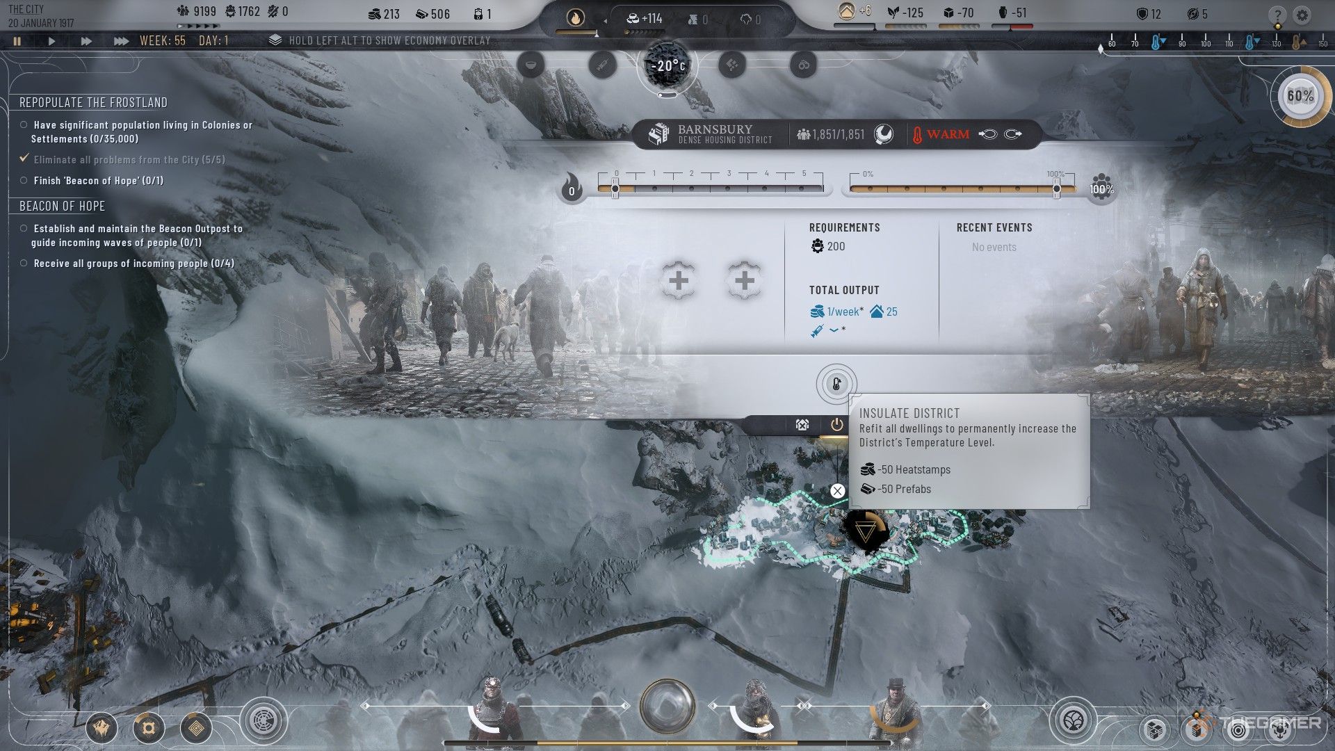 Player chooses to insulate a housing district from the menu in Frostpunk 2.