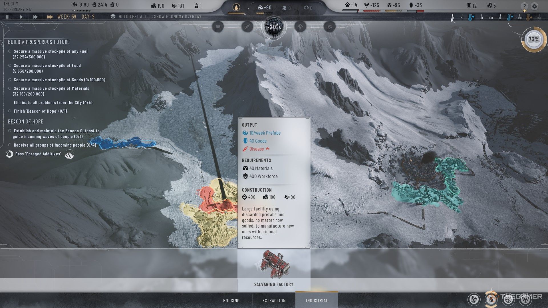 Player builds a Salvaging Factory in The Pit Industrial District in Frostpunk 2.