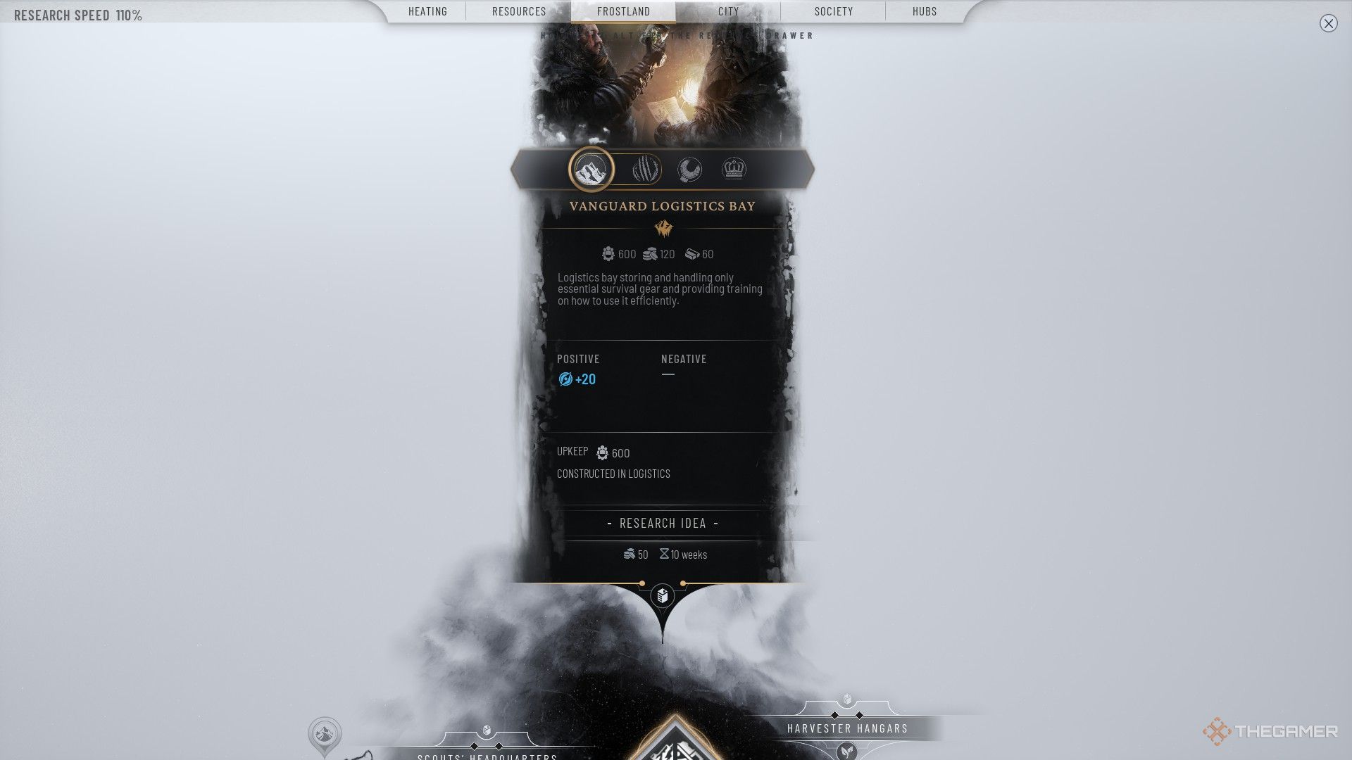 Player researches the Vanguard Logistics Bay for scouting in Frostpunk 2.