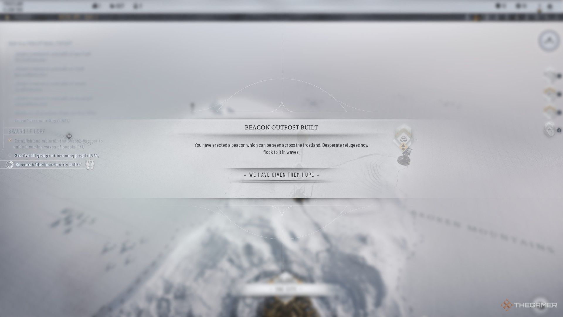 Pop-up menu tells player that the beacon outpost has been built in Frostpunk 2.