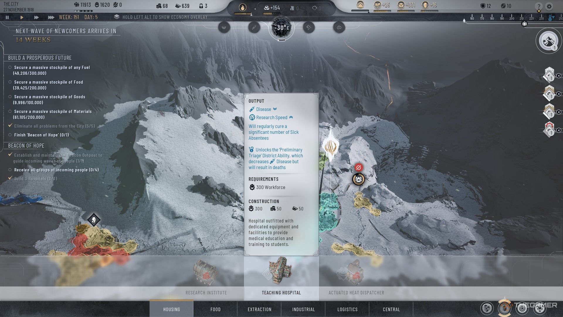 Player prepares to build a Teaching Hospital during the Beacon of Hope scenario in Frostpunk 2.