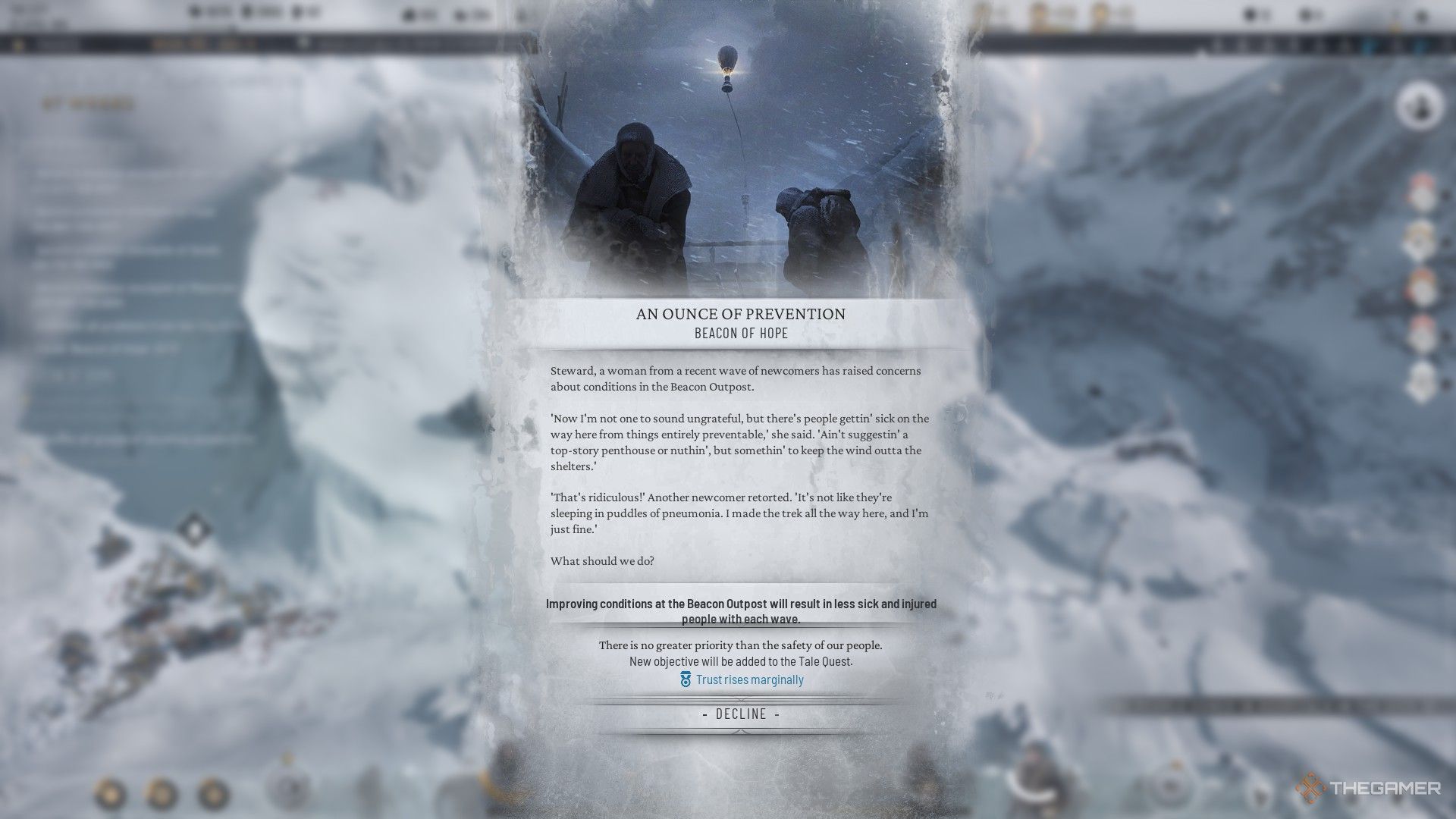 Player is asked whether they wish to improve the Beacon of Hope in Frostpunk 2.