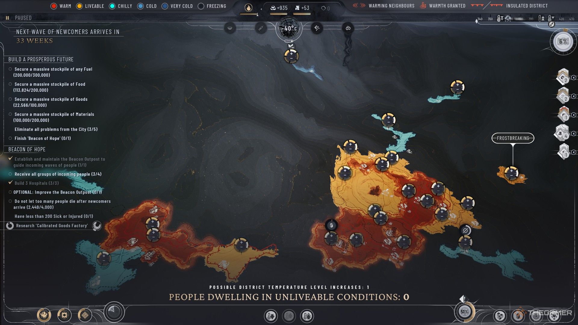Player goes over the heat map of their city during the Beacon of Hope subscenario in Frostpunk 2.