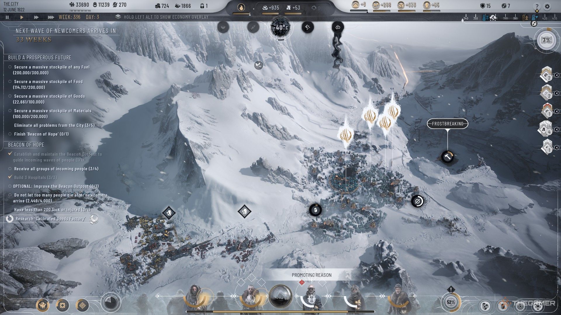 Player overlooks their surplus of a city in The Pit before their Whiteout in Frostpunk 2.