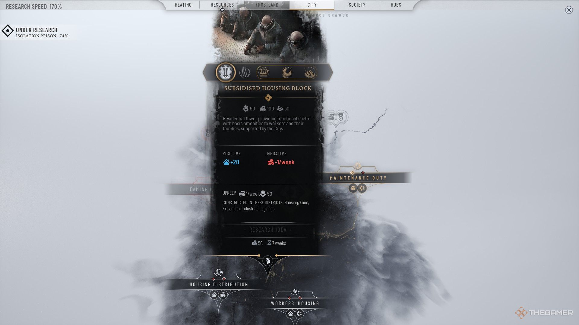 Player researches the Subsidized Housing Block in Frostpunk 2.