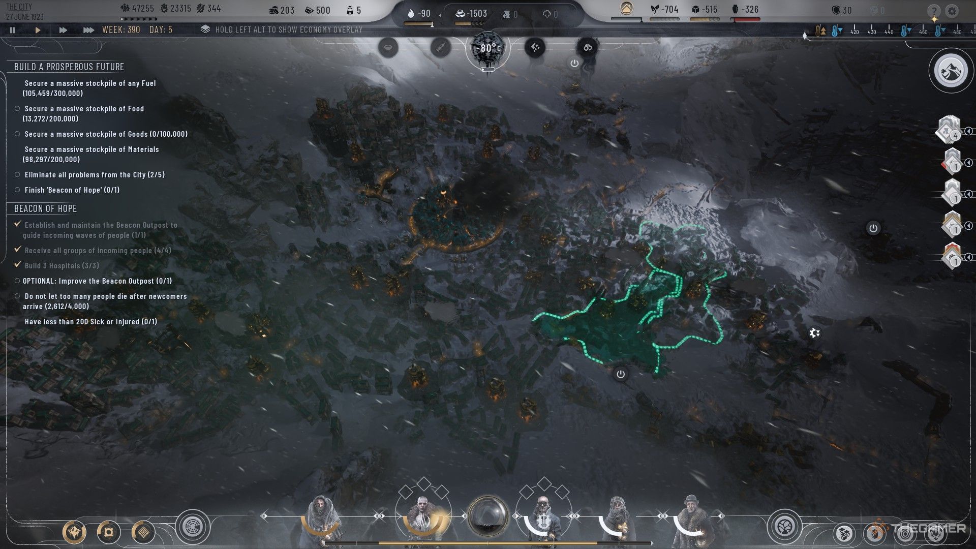 A whiteout ravages The Pit city during the Beacon of Hope subscenario in Frostpunk 2.