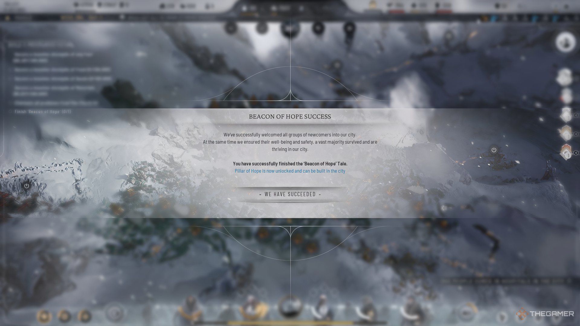 Player receives a notification telling them that they have completed the Beacon of Hope Tale in Frostpunk 2.