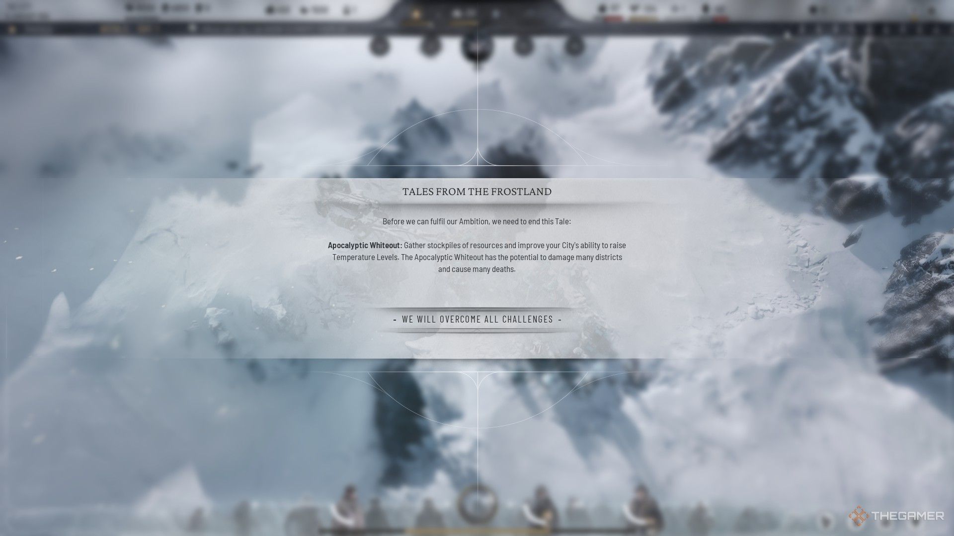 Apocalyptic Whiteout Tale starts with a popup menu in Frostpunk 2.
