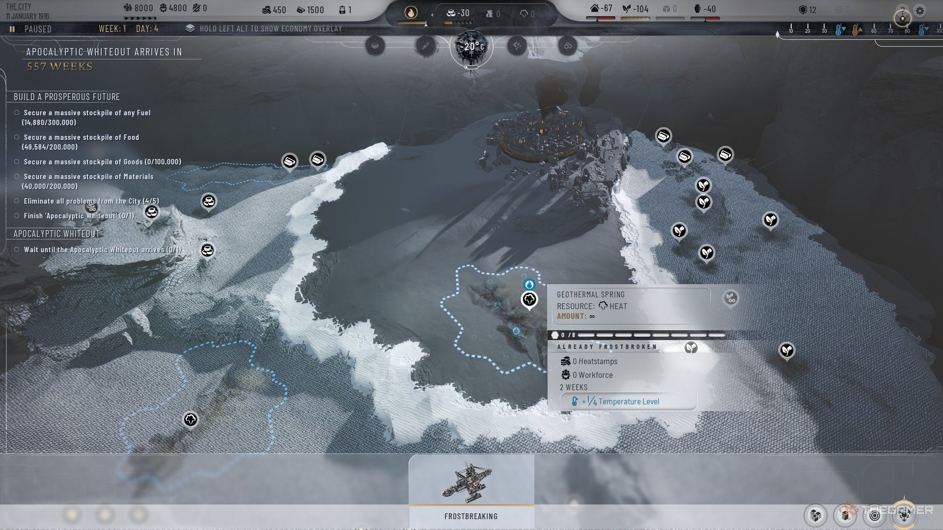 Player finds a Geothermal Spring with Steam on the Fractured Gorge map hill in Frostpunk 2.