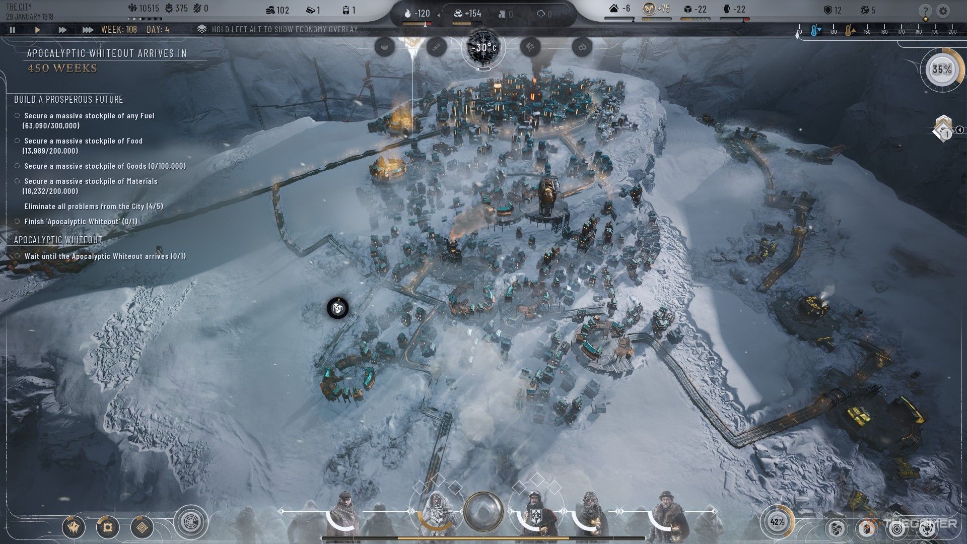 Player builds a city on a hill inside the Fractured Gorge Utopia Builder map in Frostpunk 2.