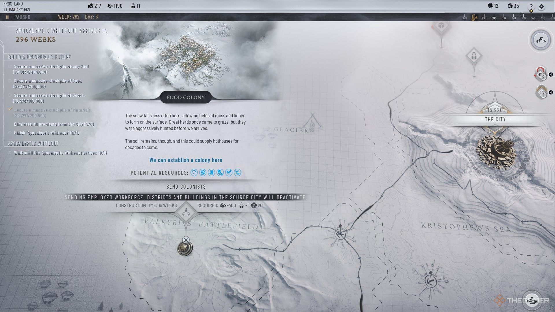 Player sends colonists to start a new Food Colony in the Frostlands in Frostpunk 2.