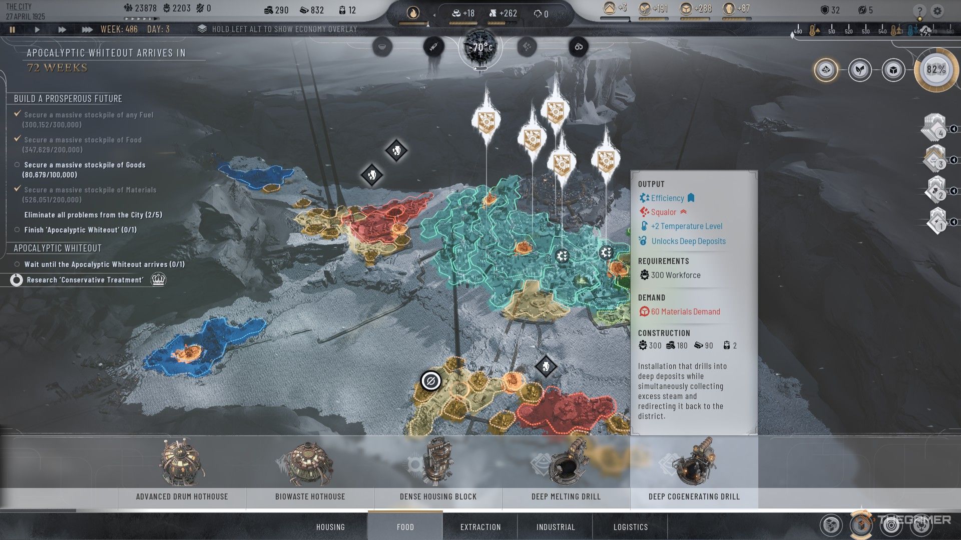 Player installs a Depp Cogenerating Drill in their city in Frostpunk 2.