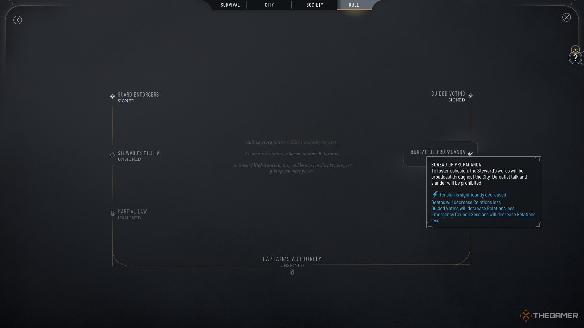 Player inspects the recently passed Bureau of Propoganda law in Frostpunk 2.