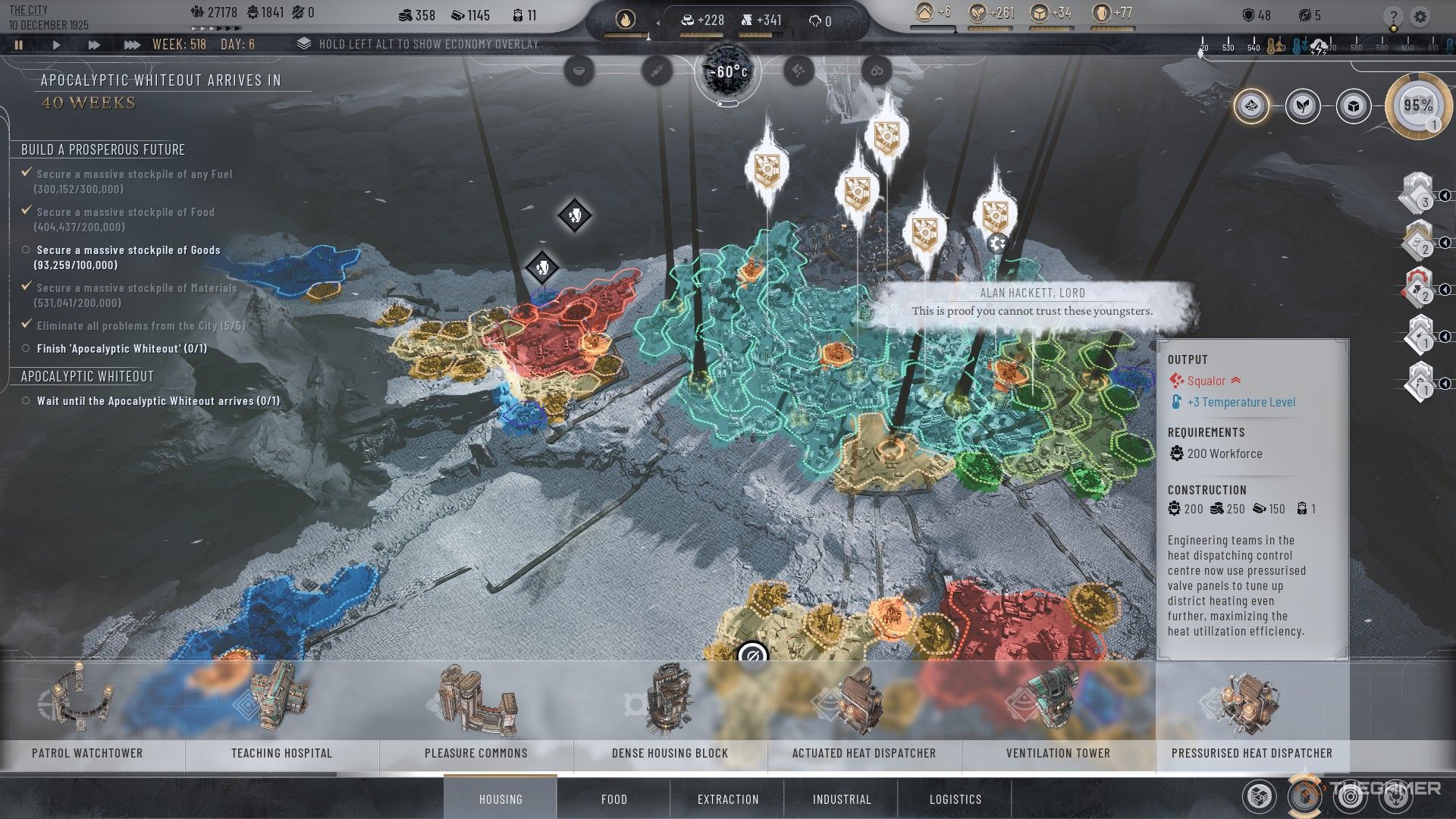 Player installs Pressurised Heat Dispatcher in their housing districts in Frostpunk 2.