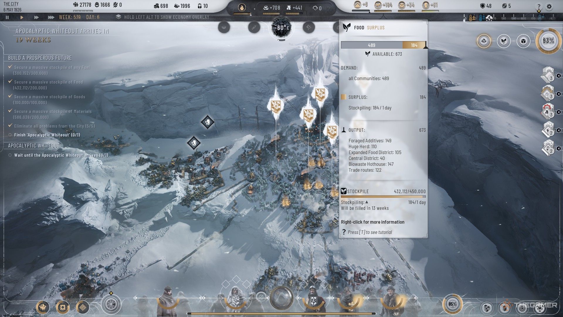 Player looks at their full Food Surplus stores in an overabundant city in Frostpunk 2.