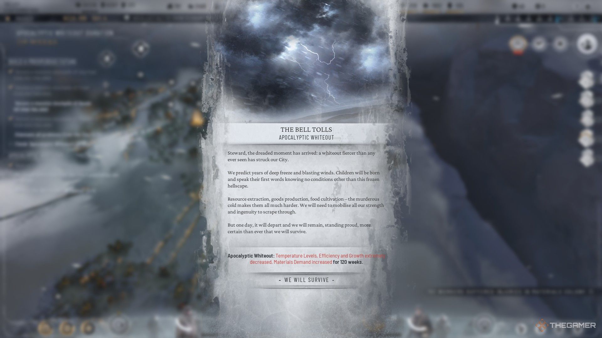Player receives a warning that the Apocalyptic Whiteout has come in Frostpunk 2.