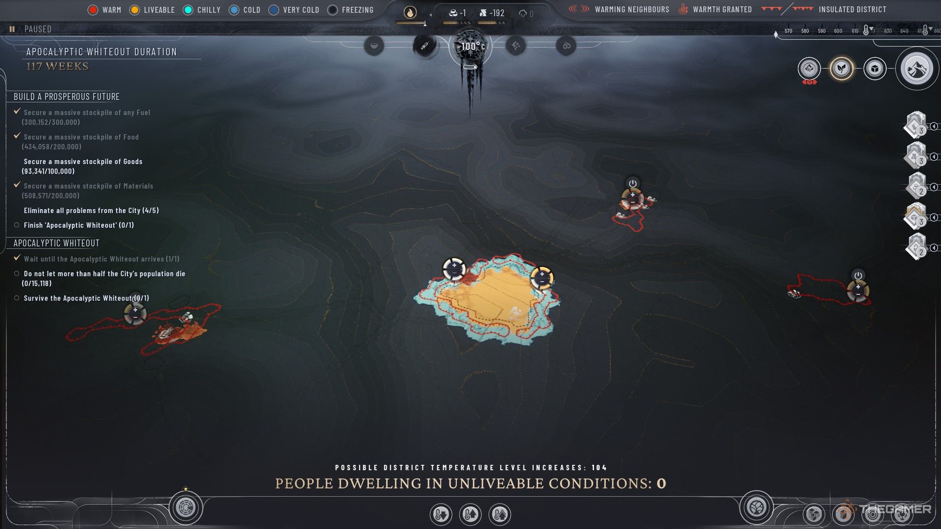 Player inspects the heating of a Food Colony during the Apocalyptic Whiteout in Frostpunk 2.