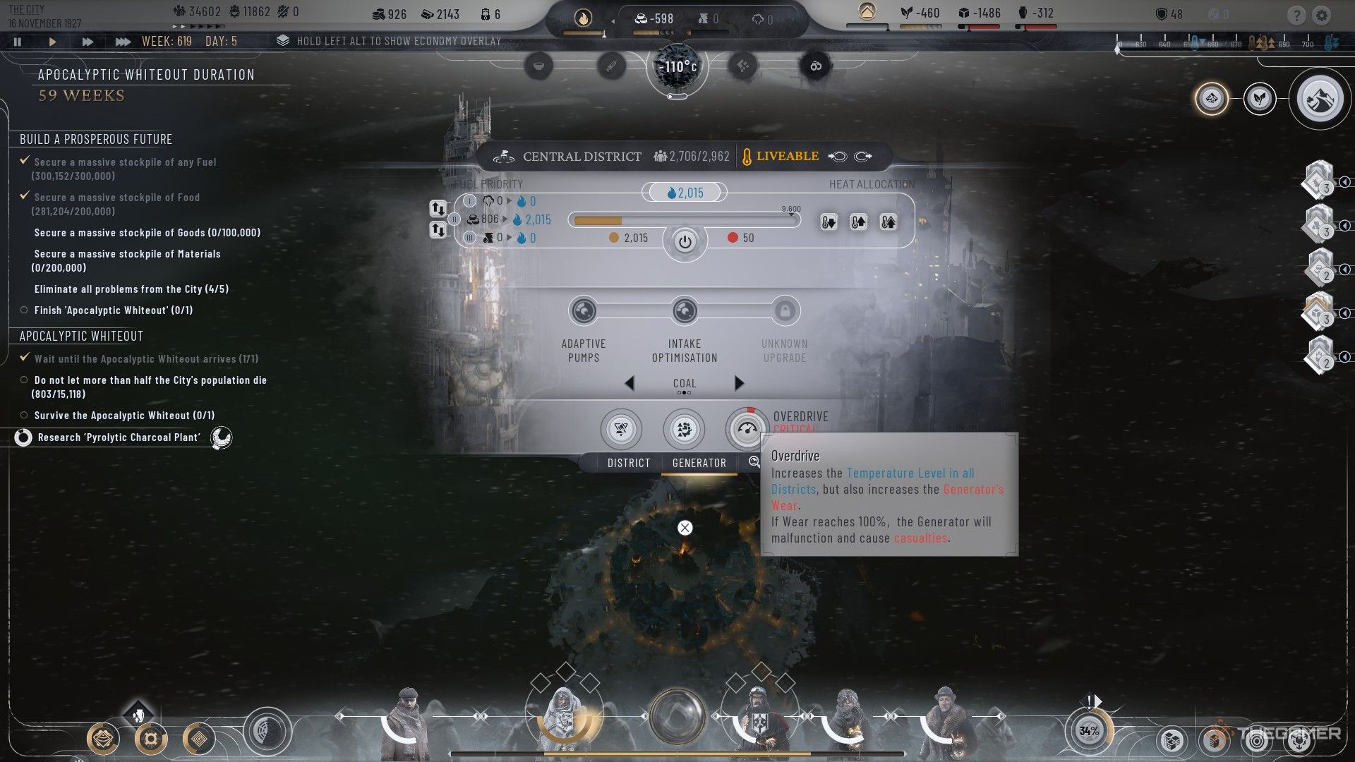 Player uses the Generator Overdrive during the Apocalyptic Whiteout in Frostpunk 2.