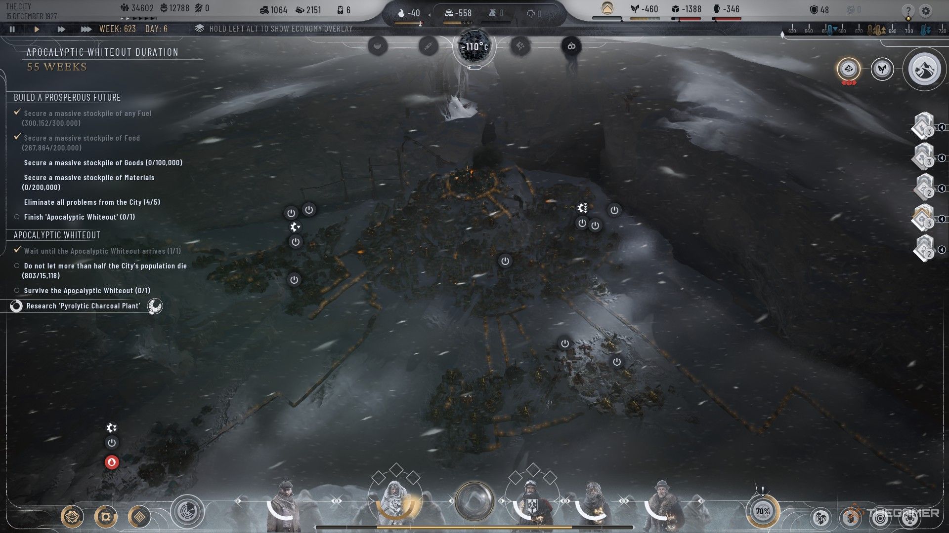 Apocalyptic Whiteout strikes a developed and silent city on the Fractured Gorge in Frostpunk 2.