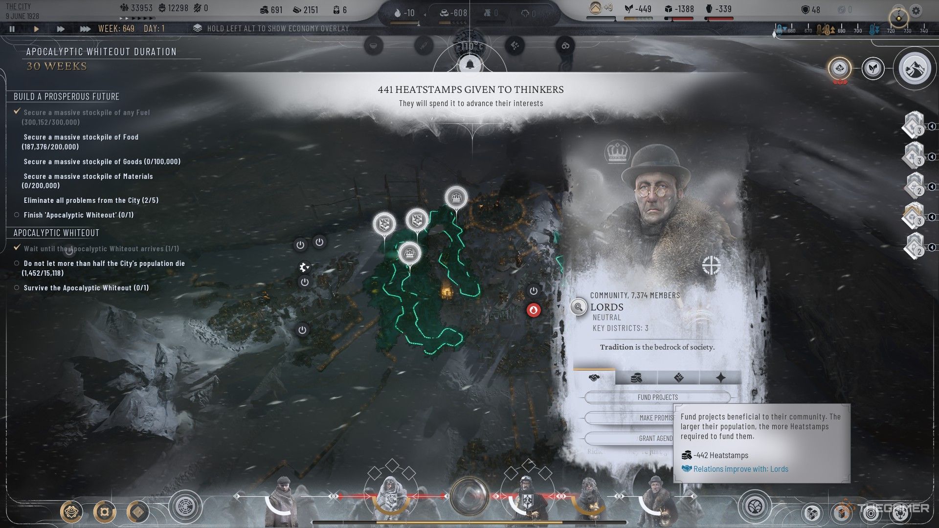 Player promises to Fund the Projects of the Lords faction during the Apocalyptic Whiteout in Frostpunk 2.