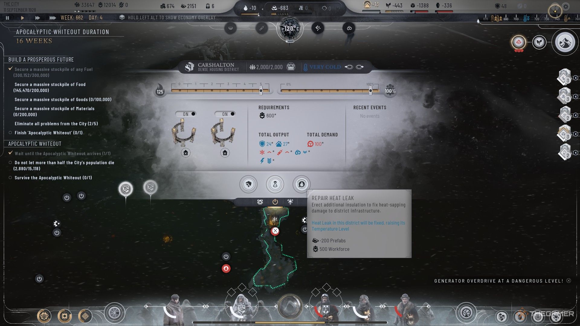 Player repairs a Heat Leak during the Apocalyptic Whiteout in Frostpunk 2.