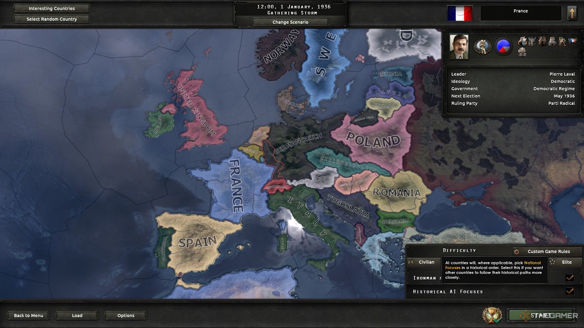 the 1936 starting map in hearts of iron 4, with france selected.