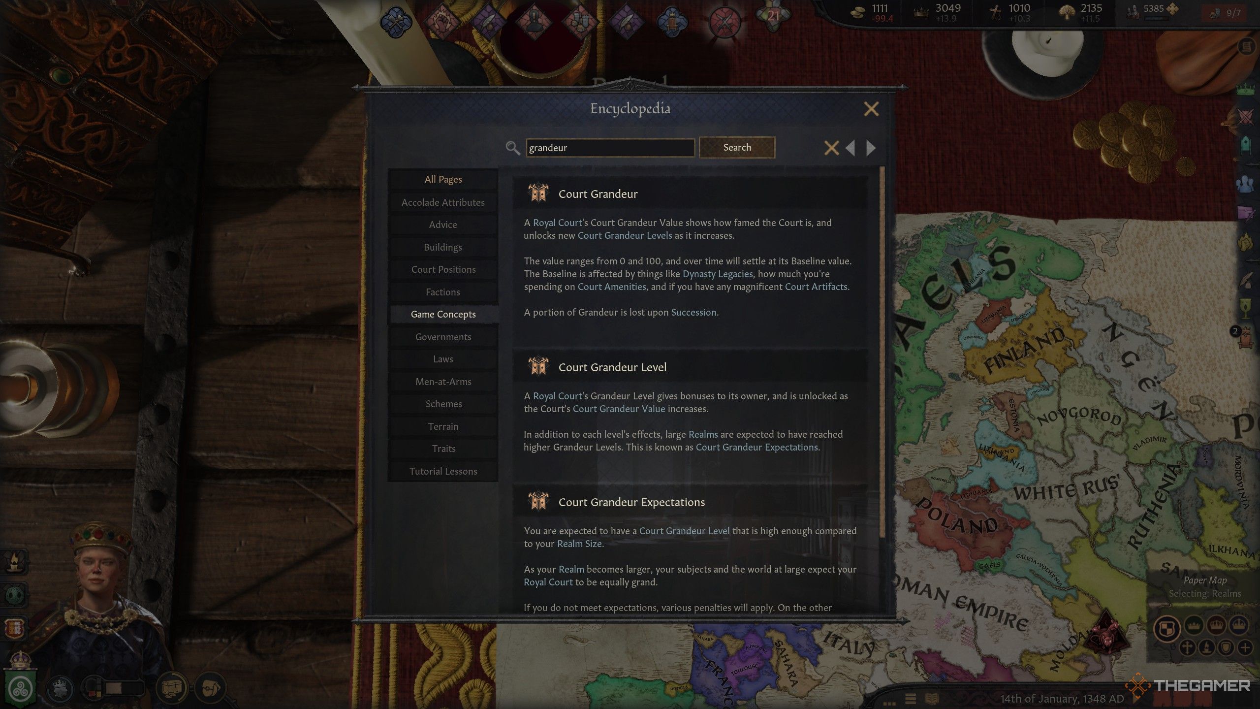 The various tooltips for court grandeur in crusader kings 3.