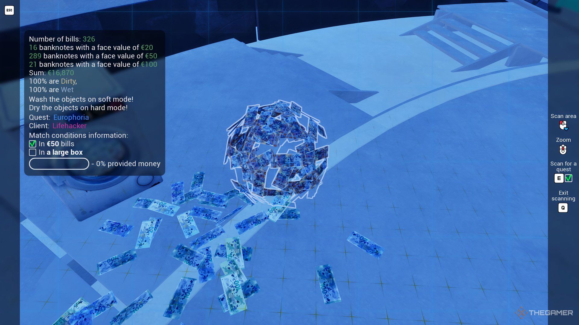 Player character using the Scanner App to see detailed information about piles of cash in Cash Cleaner Simulator.
