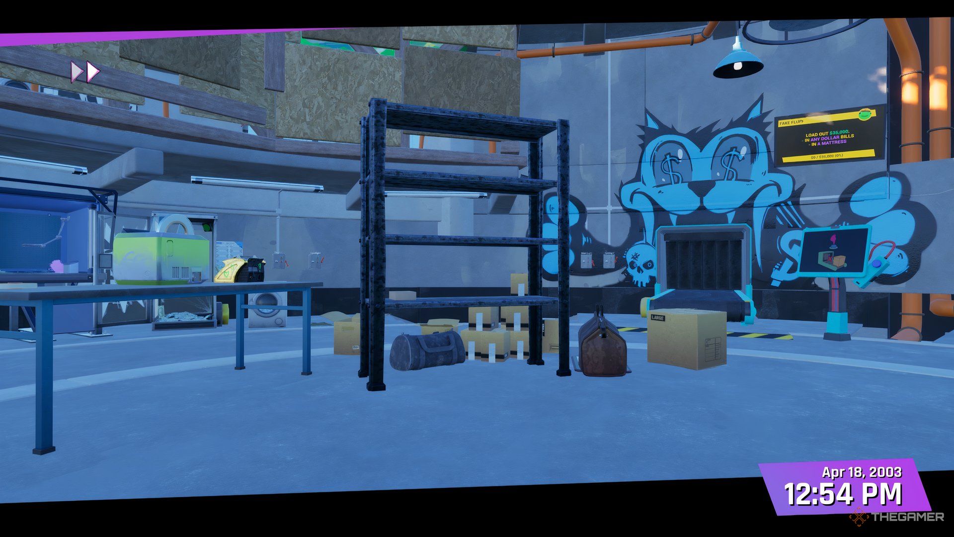 Player character sitting on a cushion and speeding up time in their workshop in Cash Cleaner Simulator.