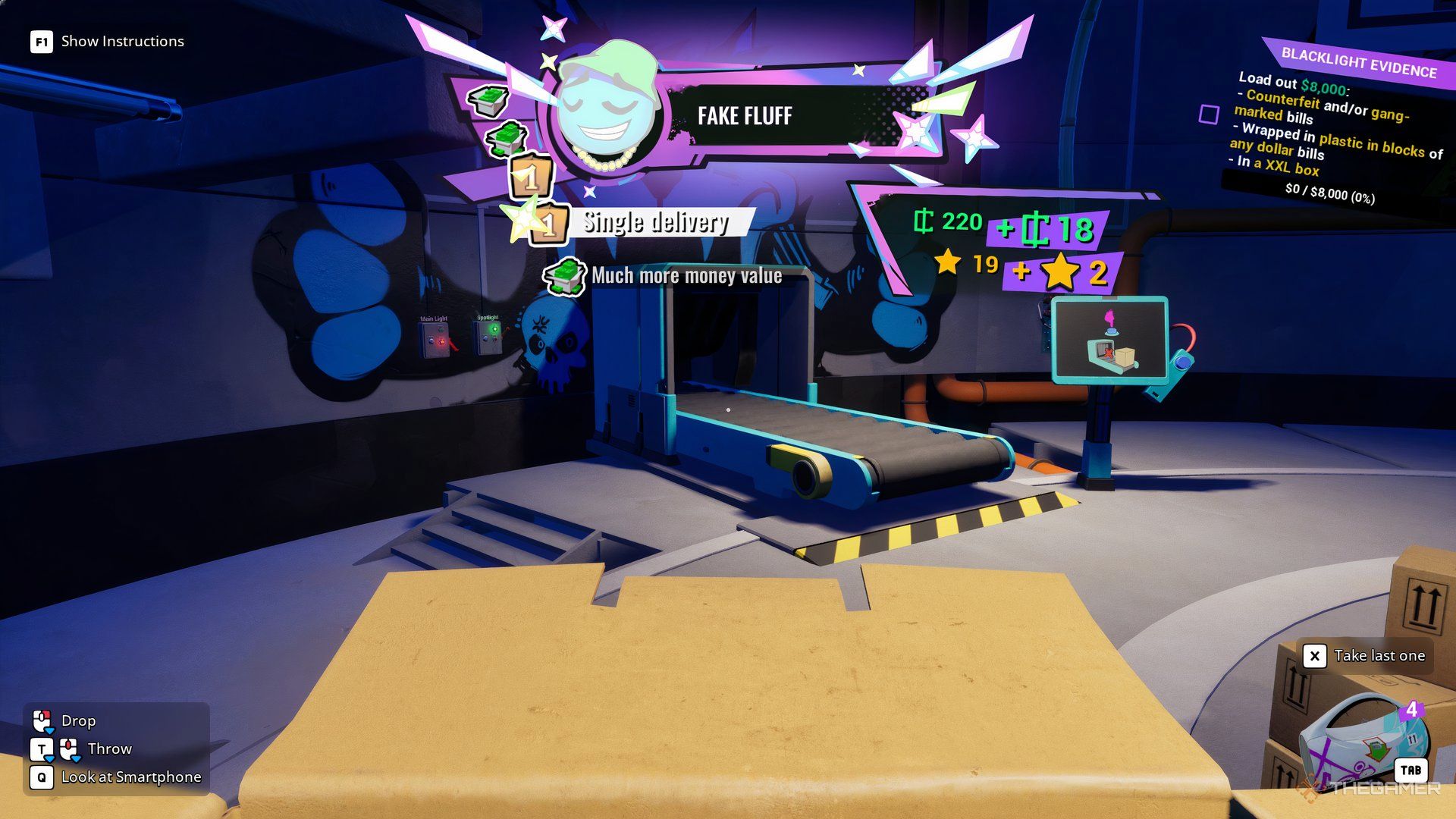 Player character holding a box while receiving quest rank bonuses in Cash Cleaner Simulator.
