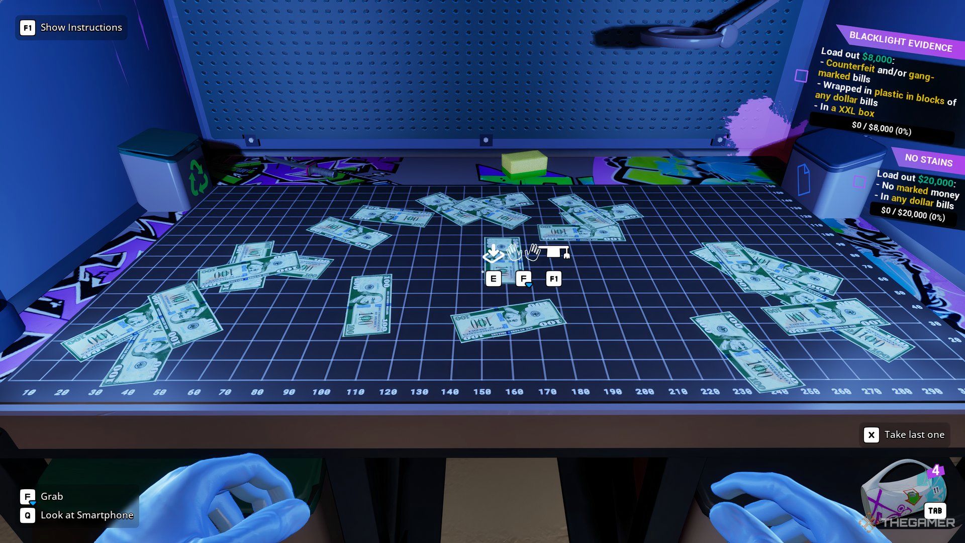 Player character looking into the workbench which has fifteen bills across a table in Cash Cleaner Simulator.