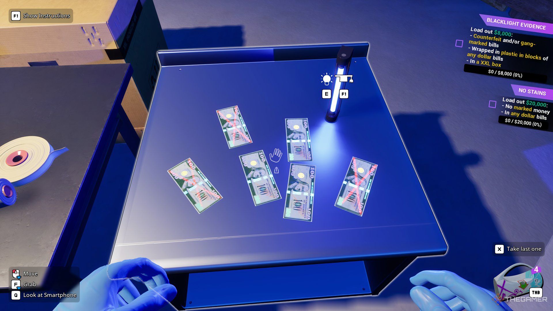 Player character looking at a metal table with three Marked Bills on it and three real bills next to them in Cash Cleaner Simulator.