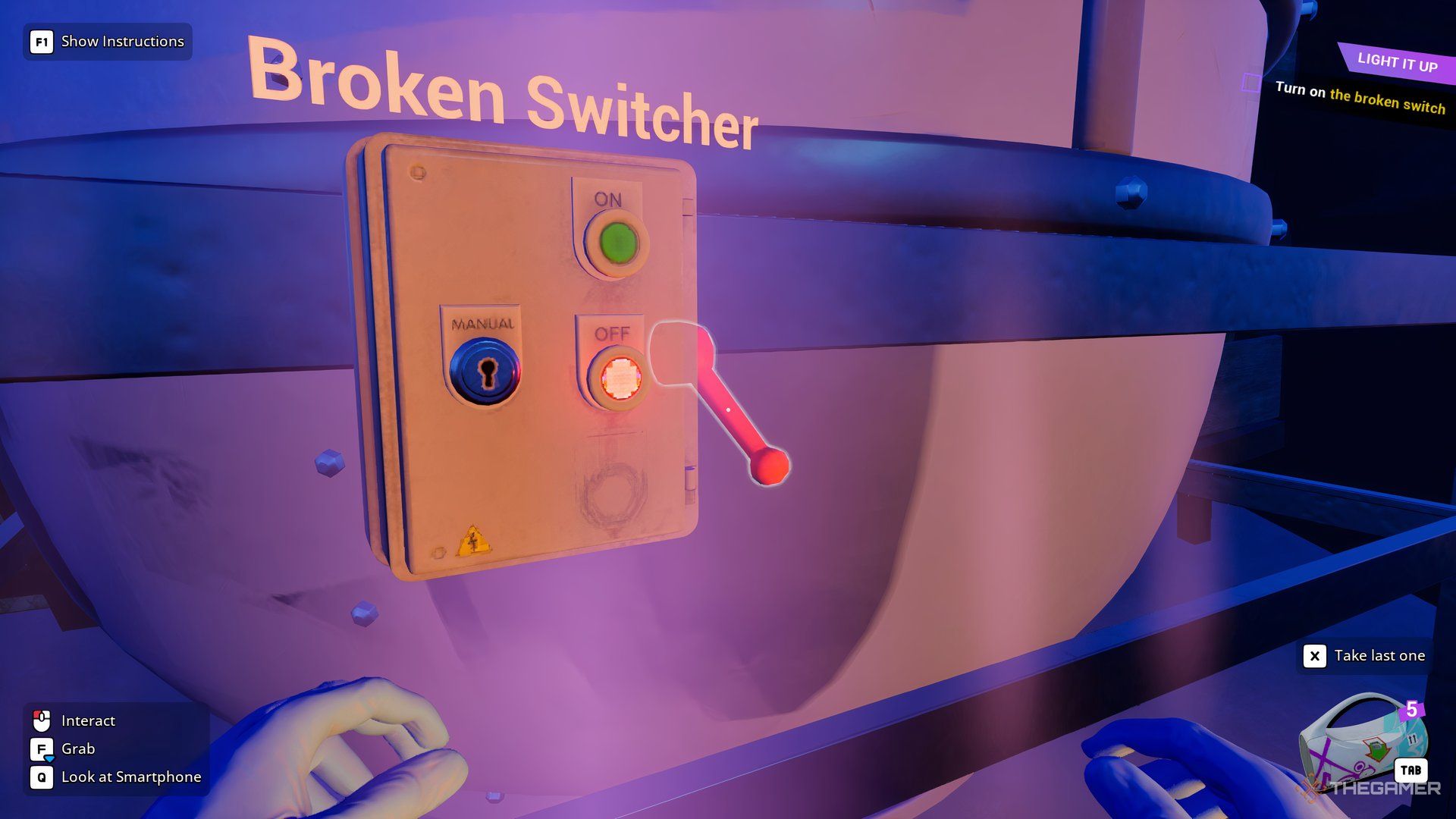 Player looking at a broken switch on a chemical tankard with a new lever attached to it in Cash Cleaner Simulator.