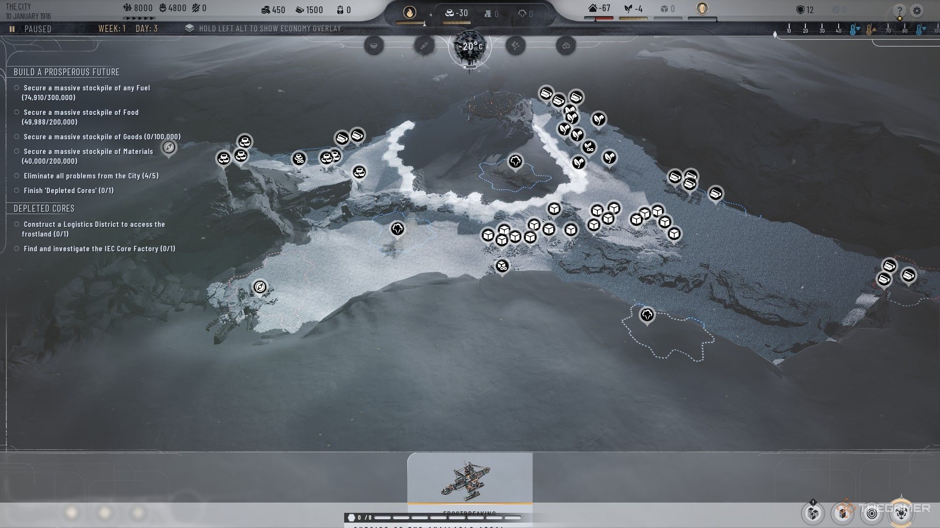Player opens Frostbreaker menu to see all resources on the Fractured Gorge map in Frostpunk 2.