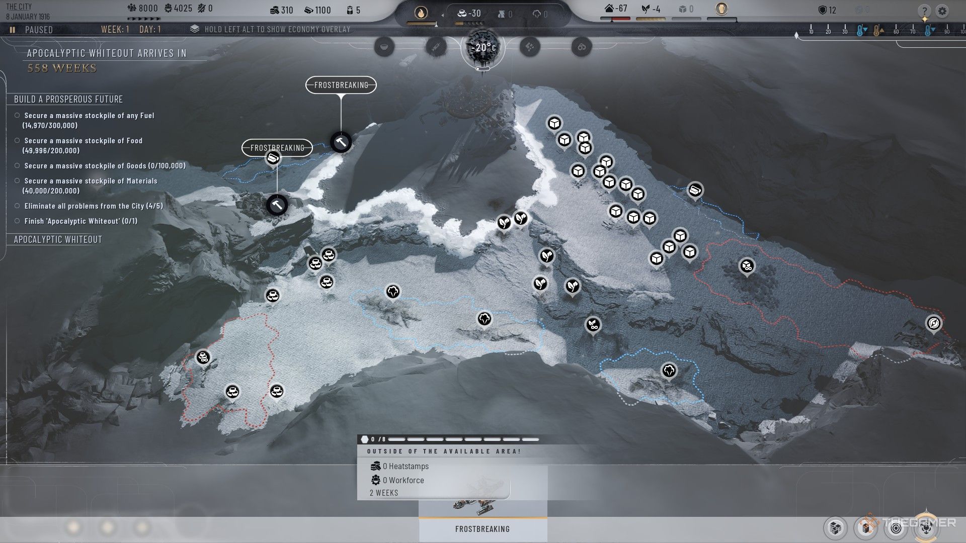 Player frostbreaks areas around the Fractured Gorge in Frostpunk 2.