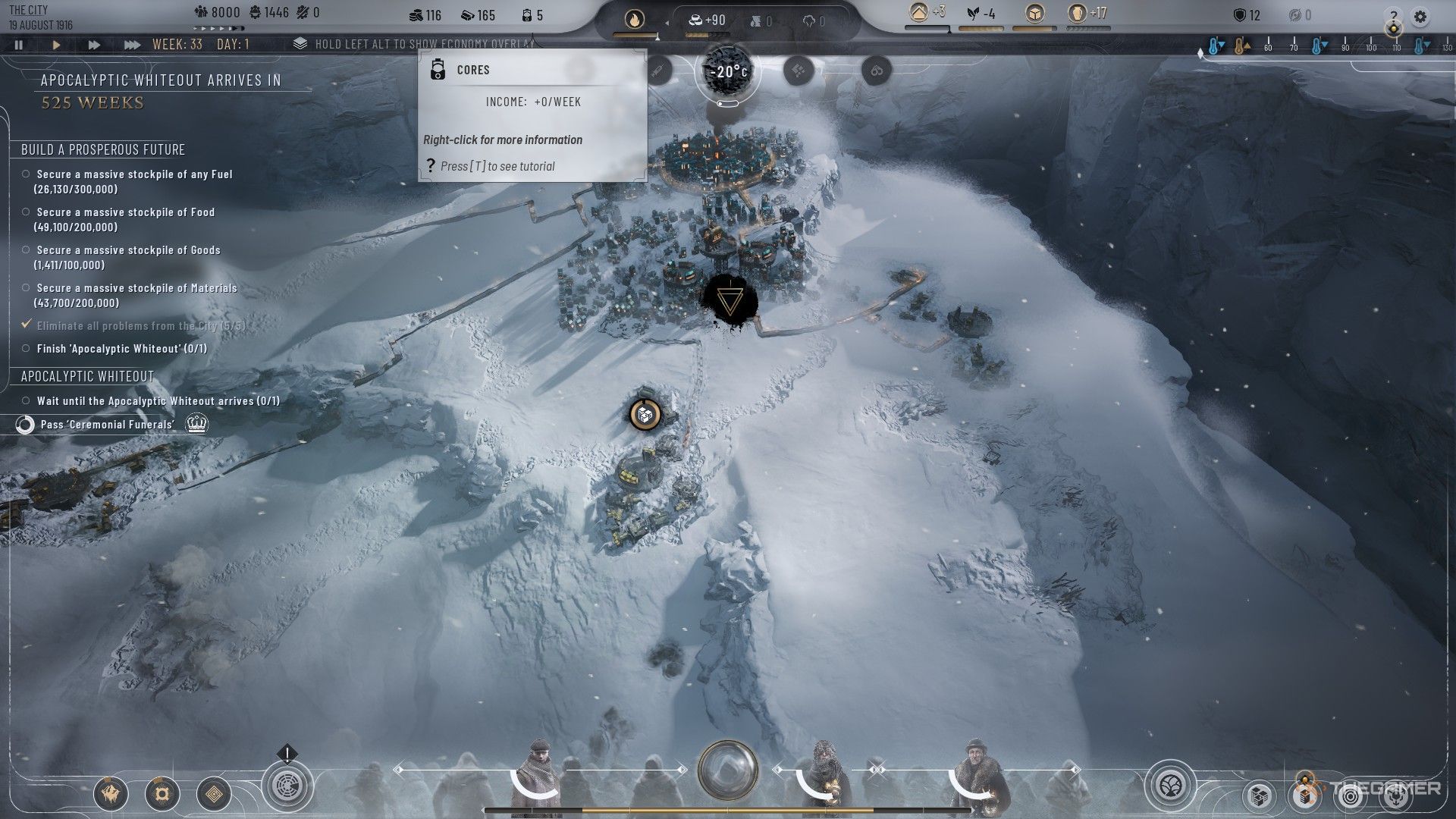 Игрок видит 5 стартовых паровых ядер в Serenity Mode в Frostpunk 2.
