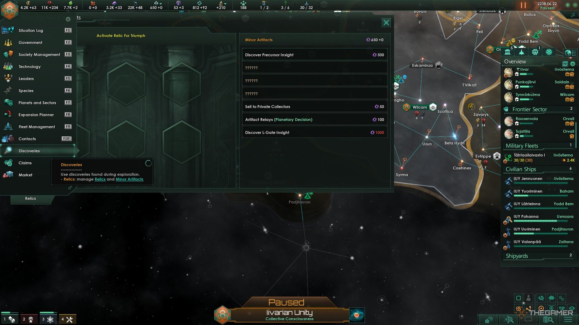 the discoveries tab with no relics in stellaris.