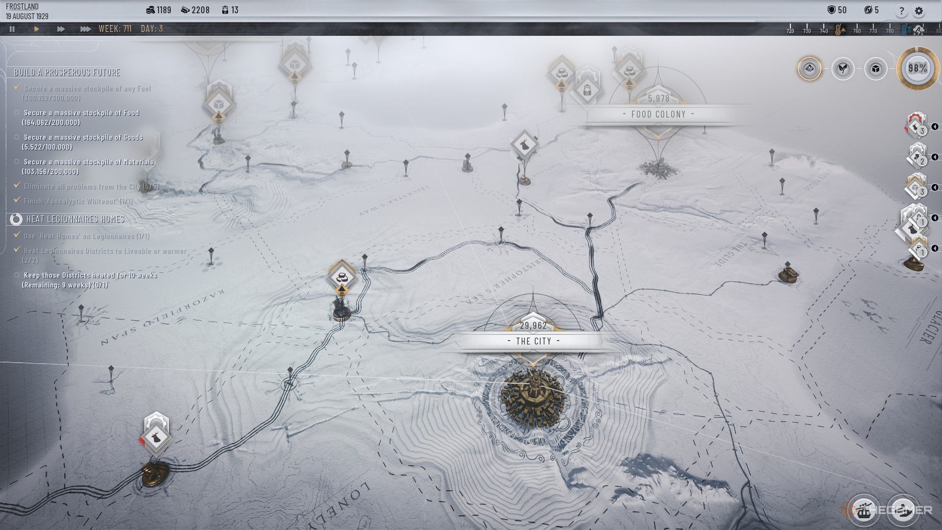 Player looks at a complicated Frostlands map of Skyways from the Fractured Gorge in Frostpunk 2.