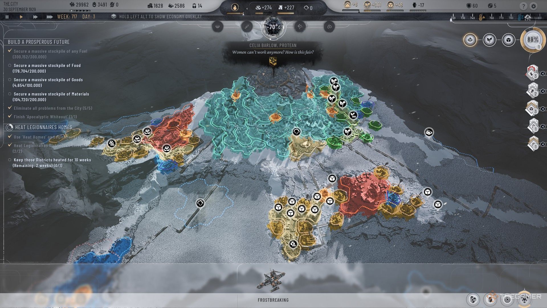 Player looks at an overlay view of all districts on the hill of the Fractured Gorge in Frostpunk 2.