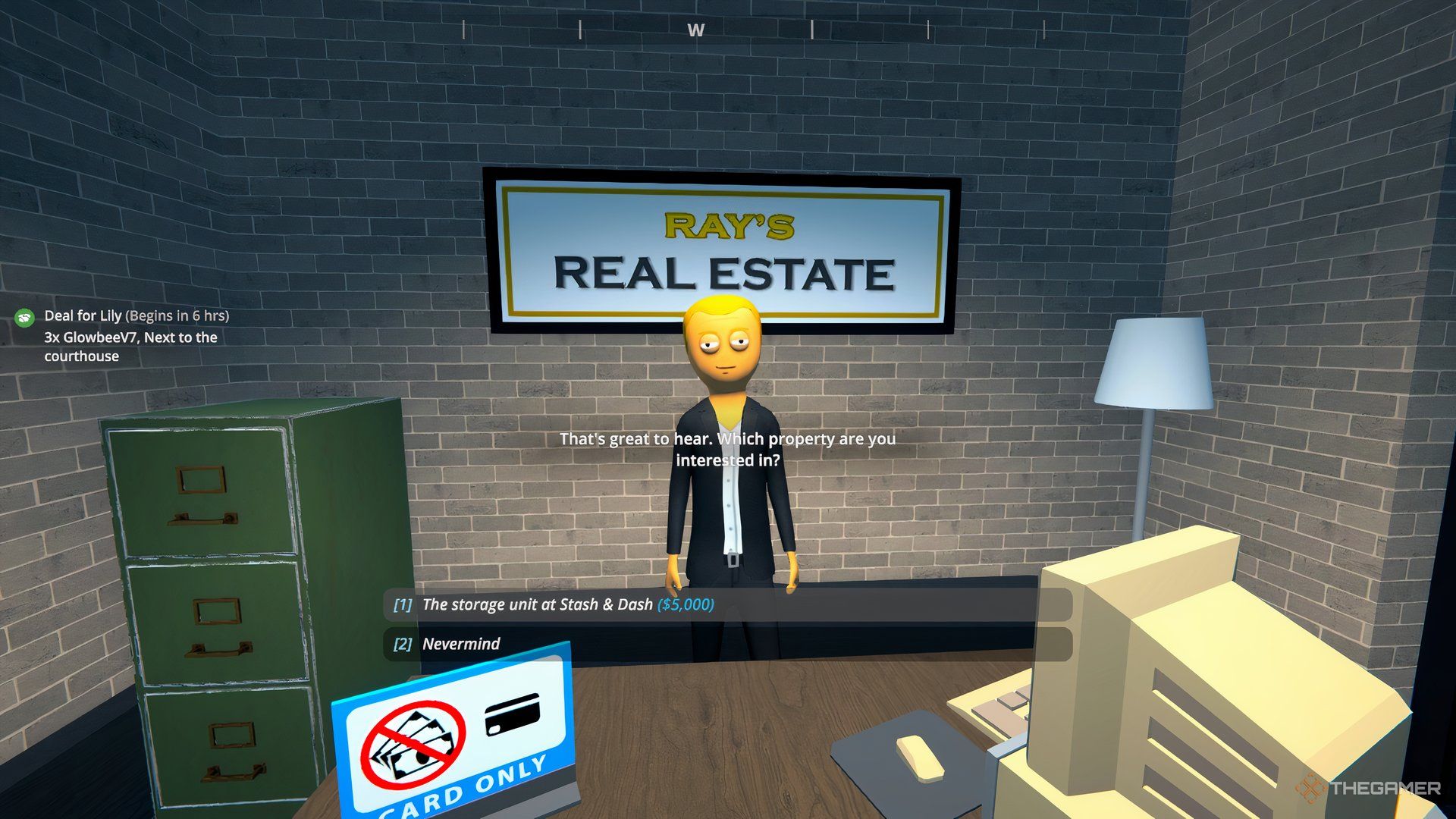 Игровой персонаж говорит с Реем в Ray's Realty, чтобы купить Склад и Отгрузку в Schedule 1.
