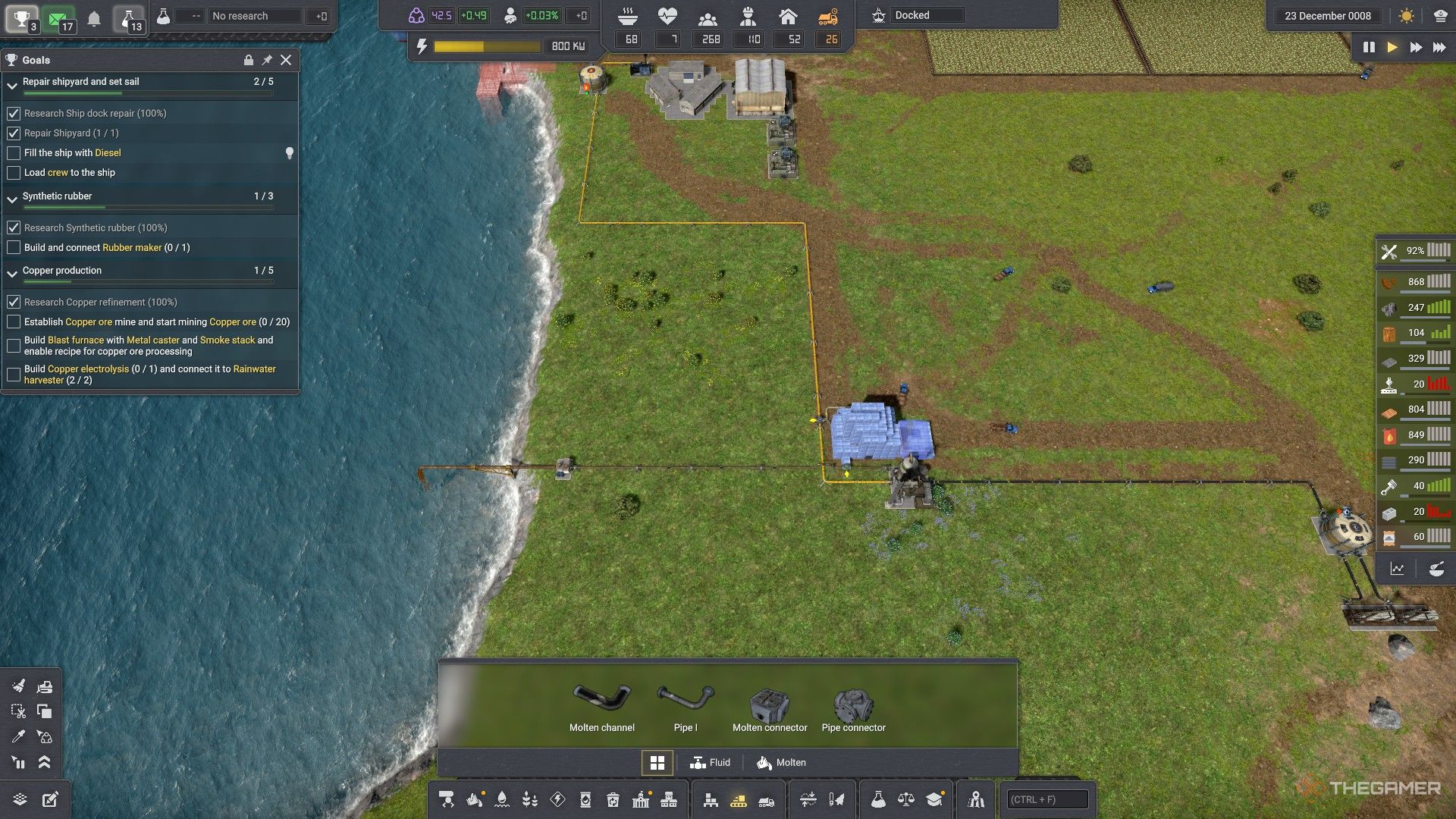 pipes dump wastewater from an oil refinery into the sea in captain of industry.