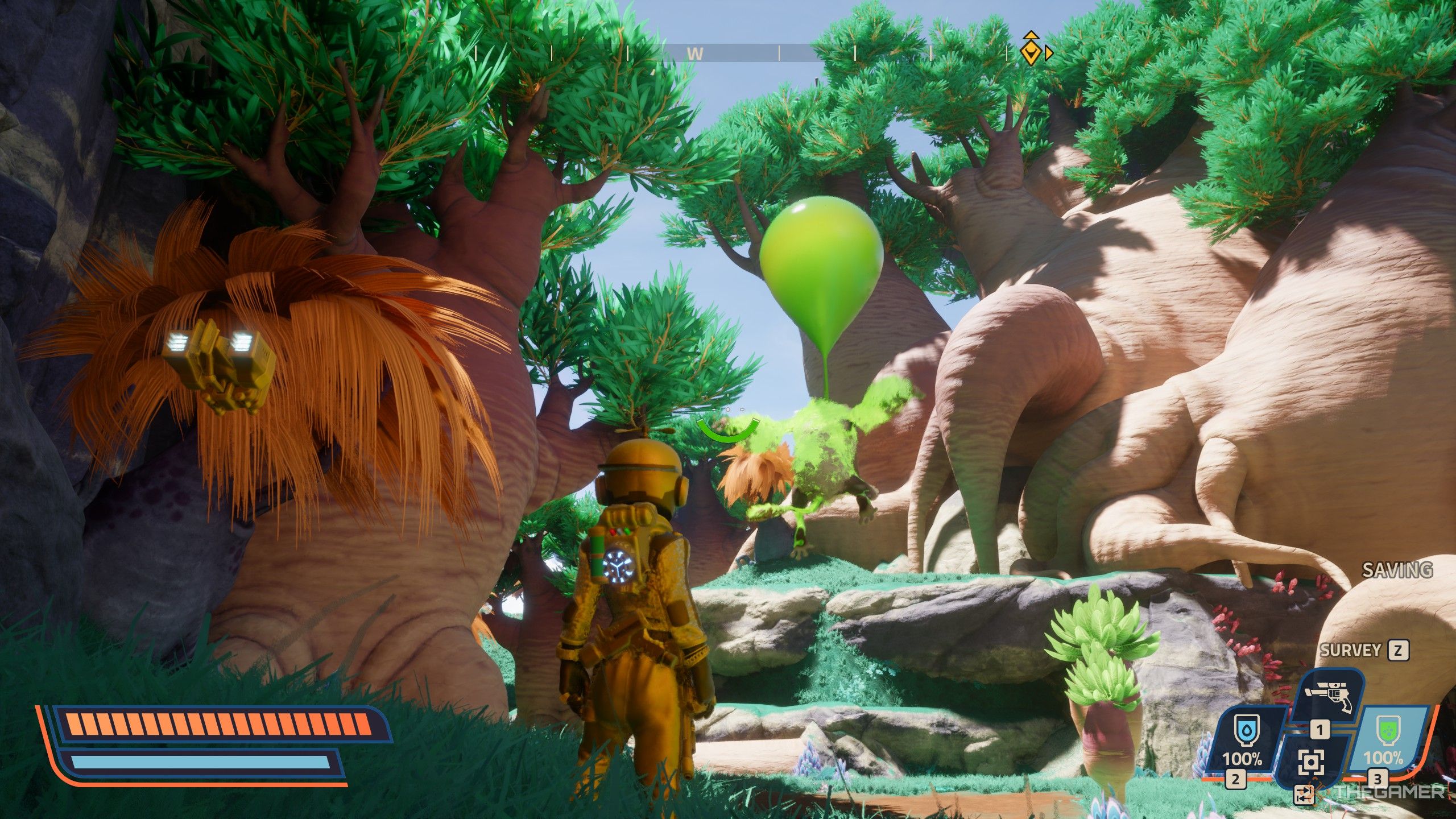 A babutt covered in green goo floating into the air in revenge of the savage planet.