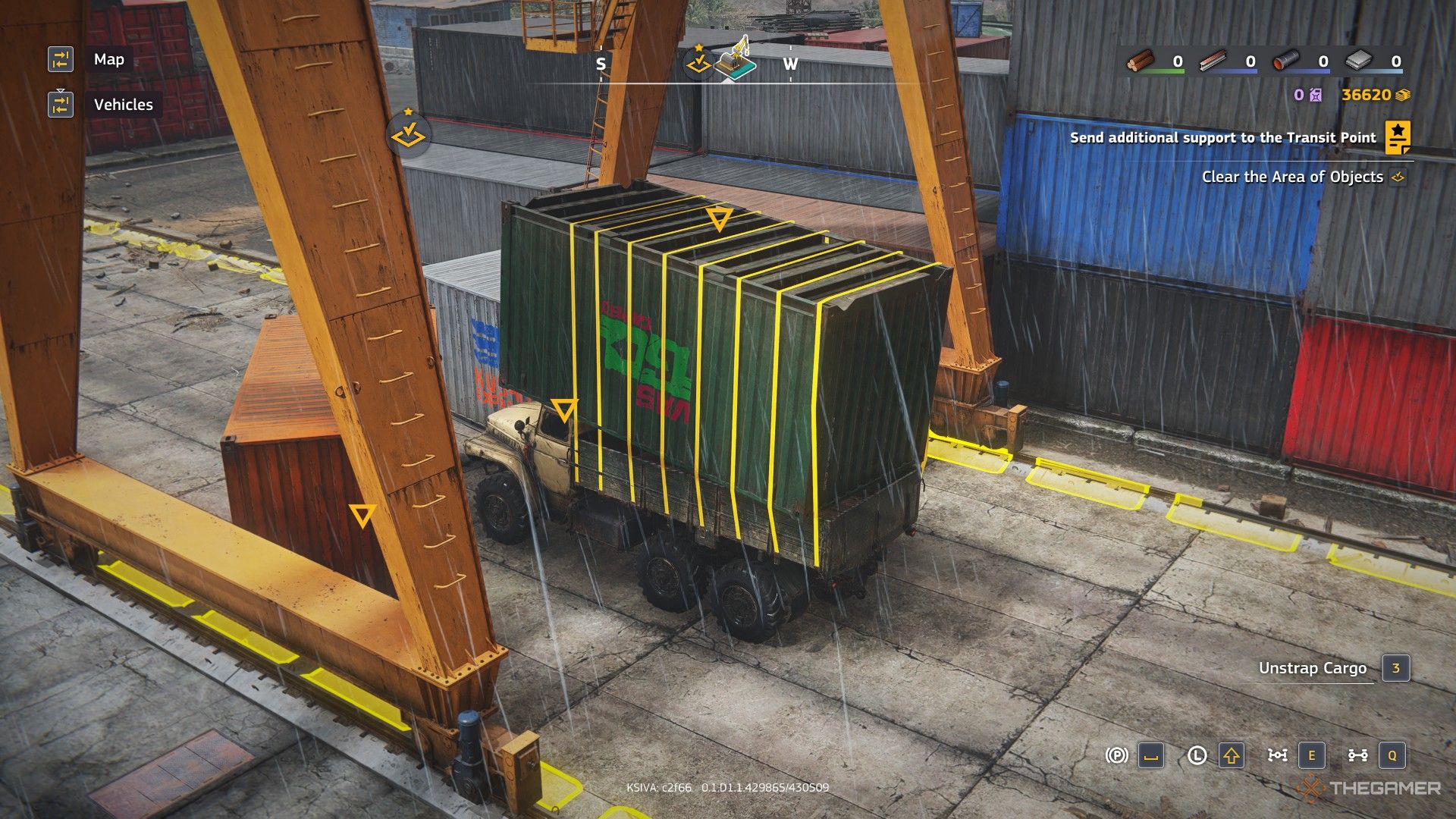 a shipping container is strapped to a cargo truck in roadcraft.