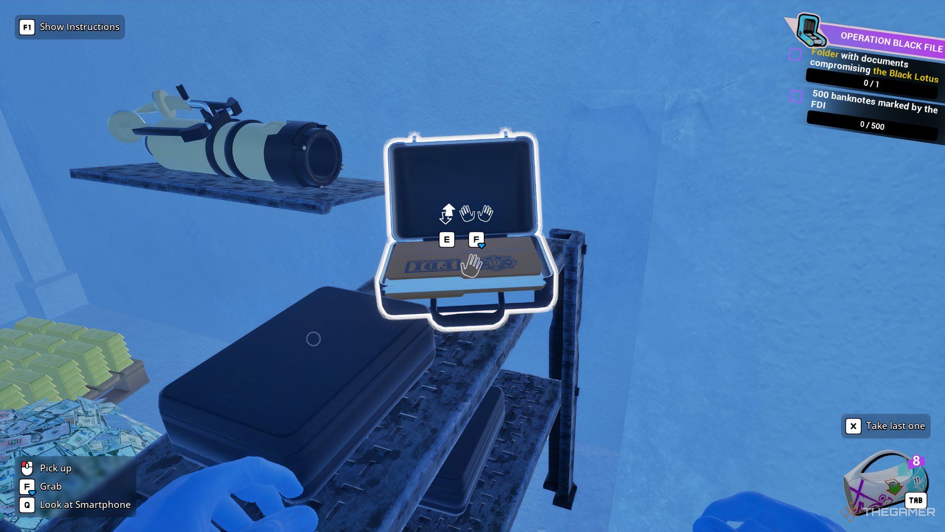 Player character grabbing a briefcase with a file in it from the Vault that's near gold bars, cash, and other items in Cash Cleaner Simulator.