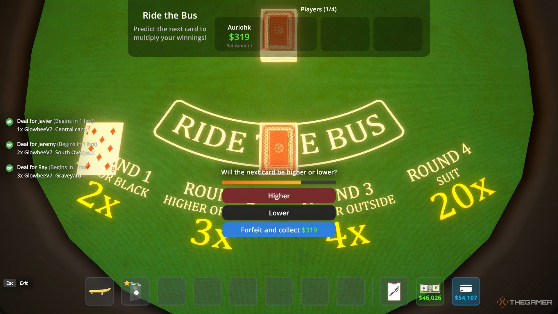 Close up view of a green Ride The Bus with yellow round letters on it and an option between Higher and Lower on the screen in Schedule 1.