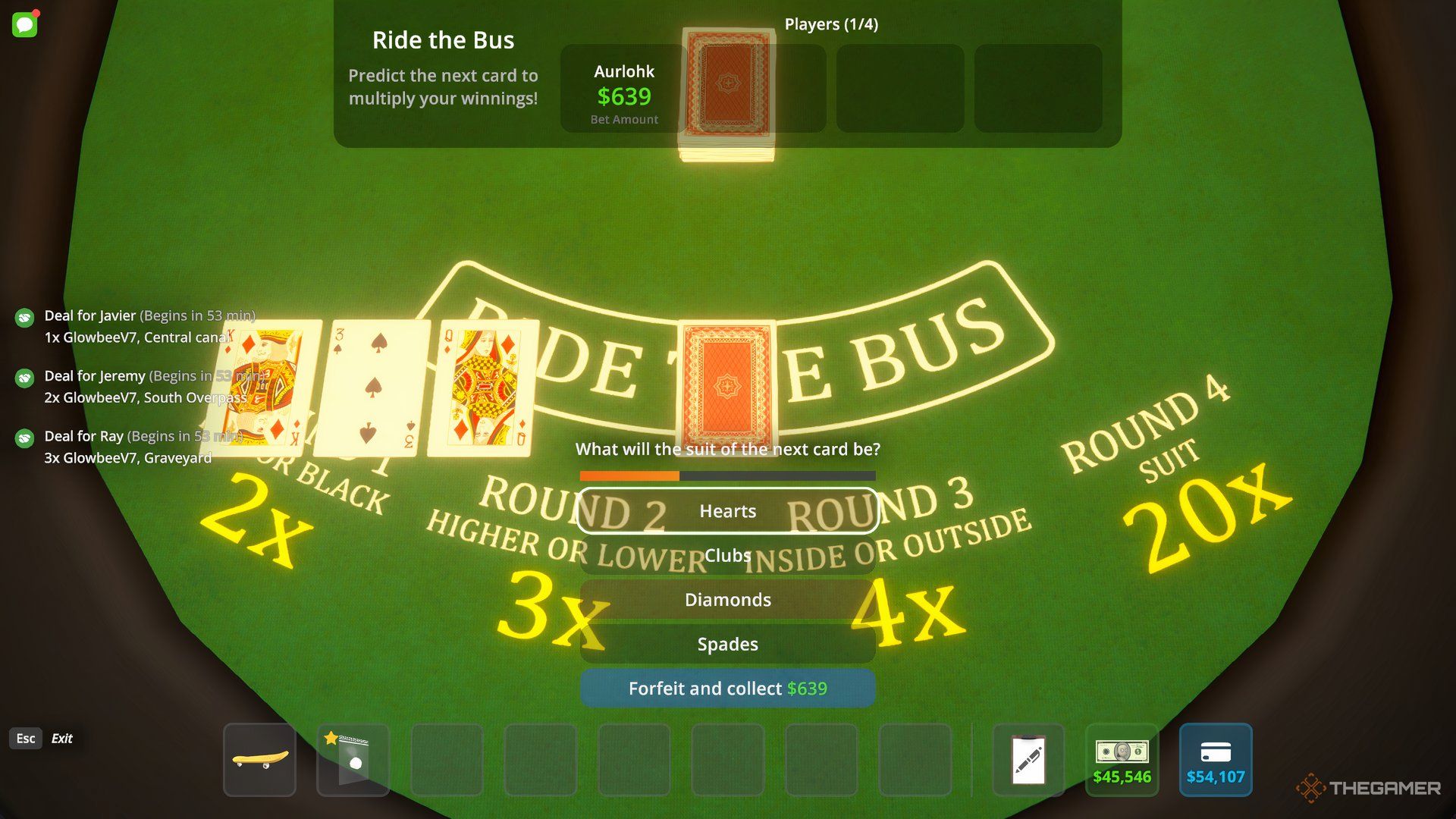 Close up view of a green Ride The Bus with yellow round letters on it and an option between the four card suits on the screen in Schedule 1.