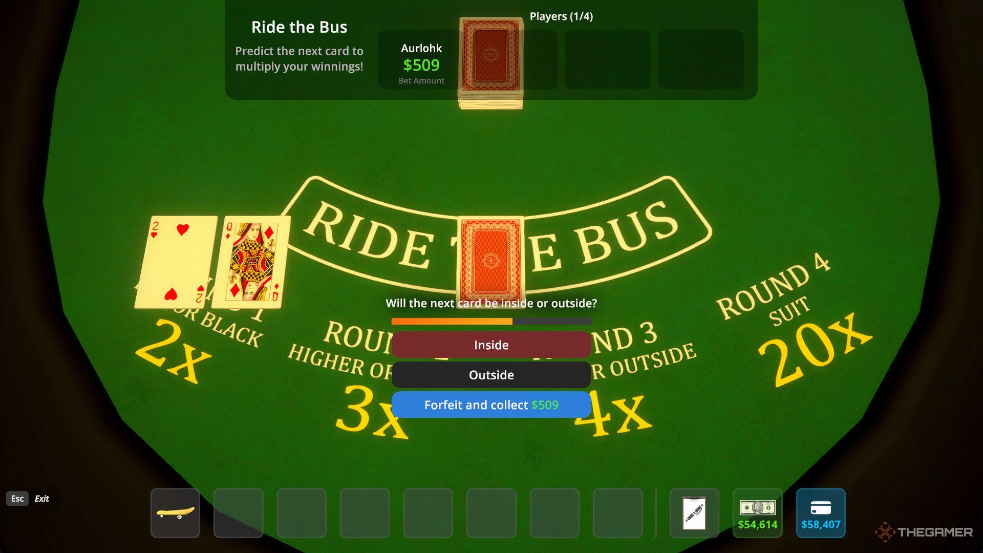 Close up view of a green Ride The Bus with yellow round letters on it and an option between Inside and Outside on the screen in Schedule 1.