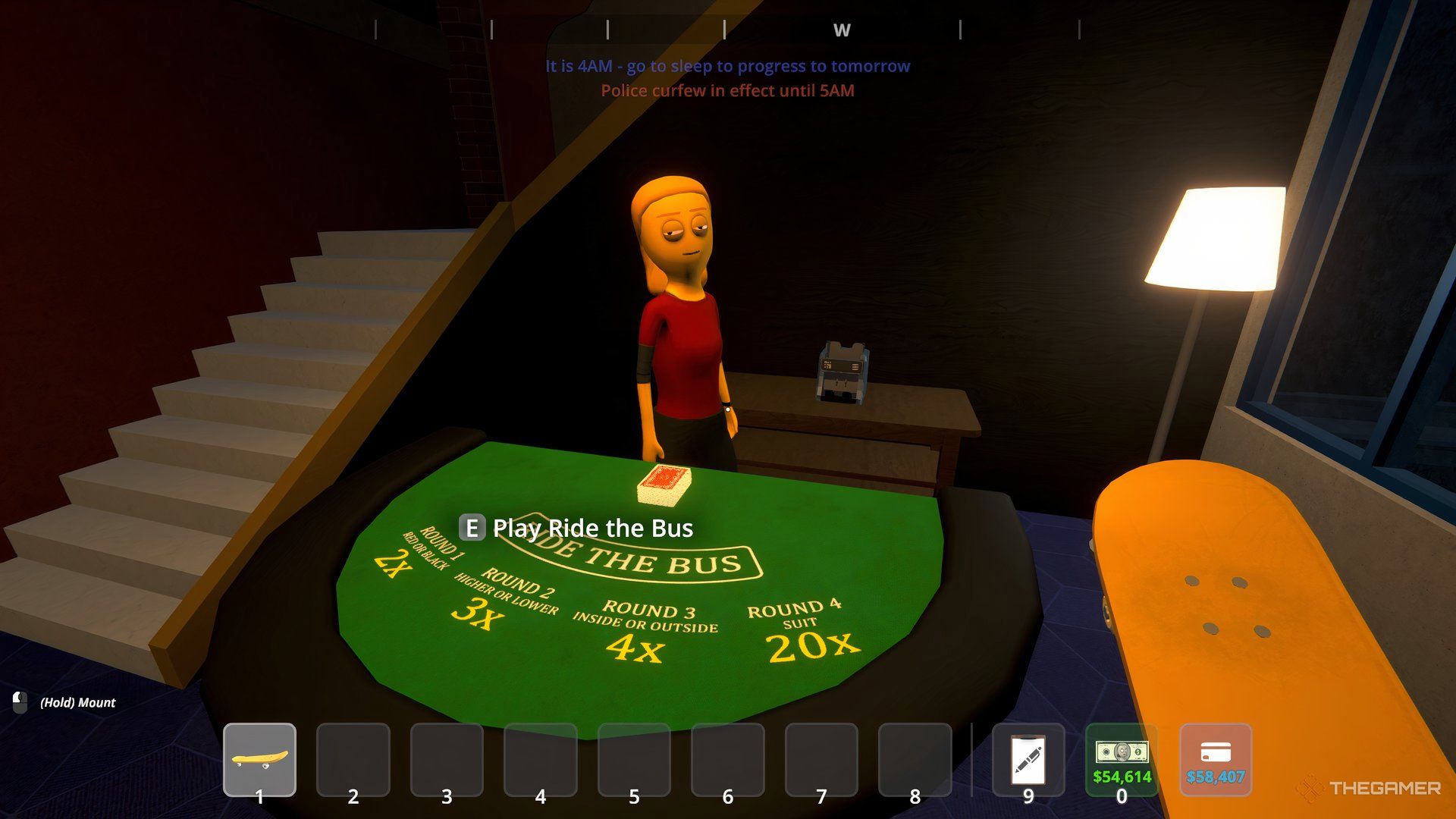 Player character holding a Golden Skateboard while standing by the Ride The Bus table in the casino in Schedule 1.