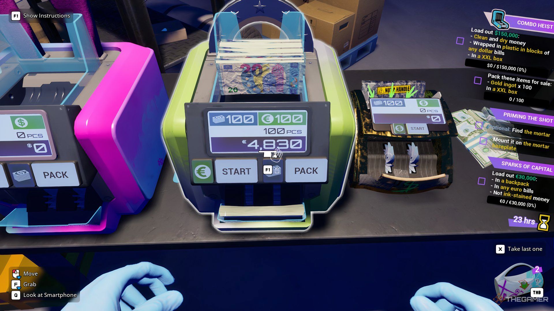 Player character using a Money Counter L to count euros for quests in Cash Cleaner Simulator.